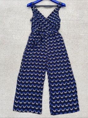 Alya Navy and White Geometric Wrap-Front Wide Leg Jumpsuit